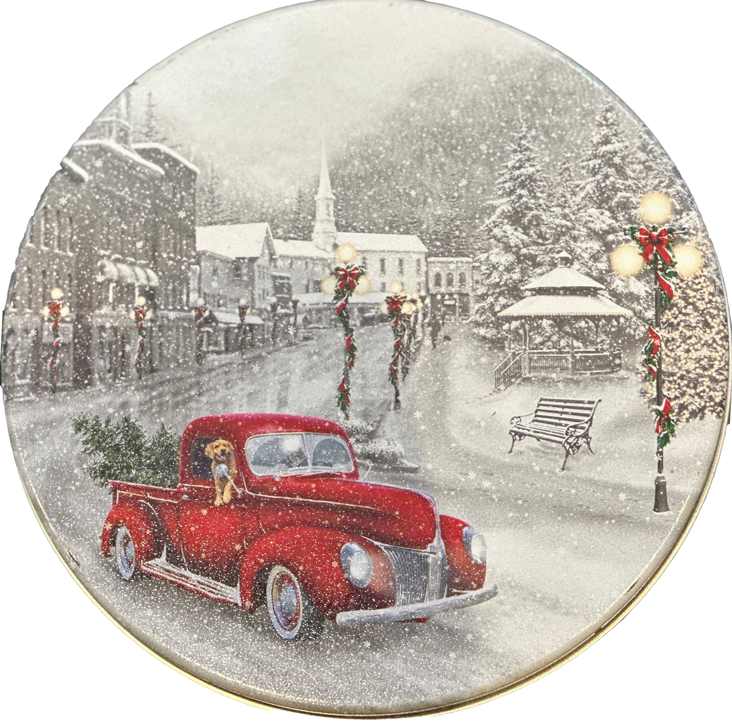 Red Truck In Snow Scene Decorative Fudge Tin